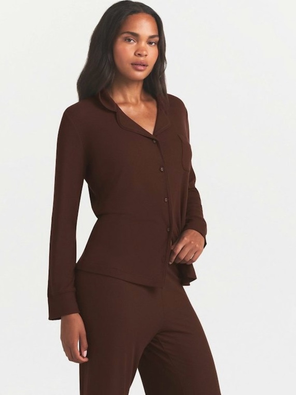 SKIMS Brown Long-Sleeve Ribbed Button Pajama Top